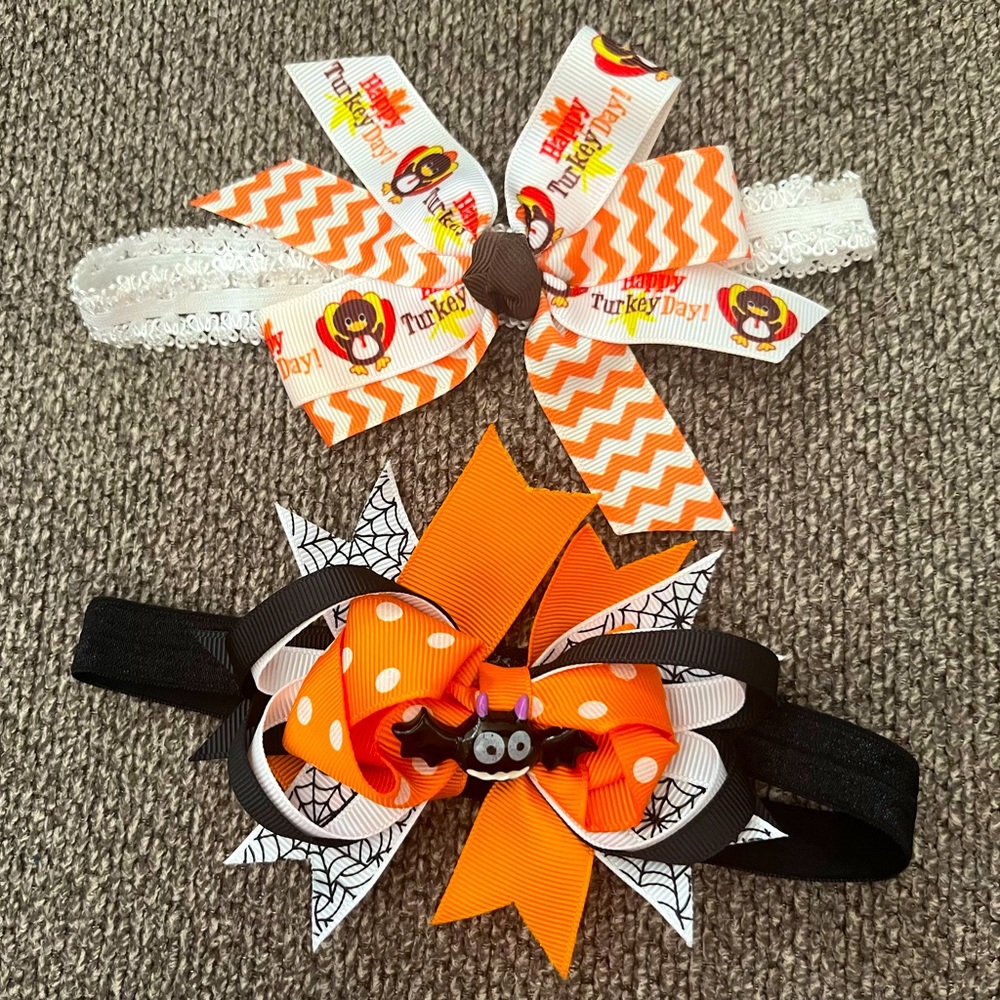 Set of 2 baby/toddler headbands with Halloween and Thanksgiving themes.